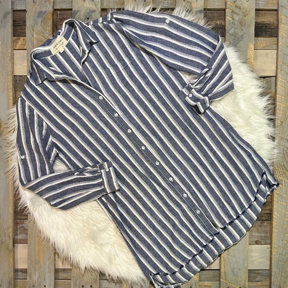 EUC. Cloth & Stone {Anthro} Blue & White Striped Button Down Linen Dress | Large - Picture 1 of 15